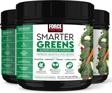 Force Factor Smarter Greens Superfoods Powder, 3-Pack, Supports Digestion And Bloating, Immunity, And Energy, Greens Powder With Probiotics, Digestive Enzymes, Antioxidants, And Fiber, 90 Servings