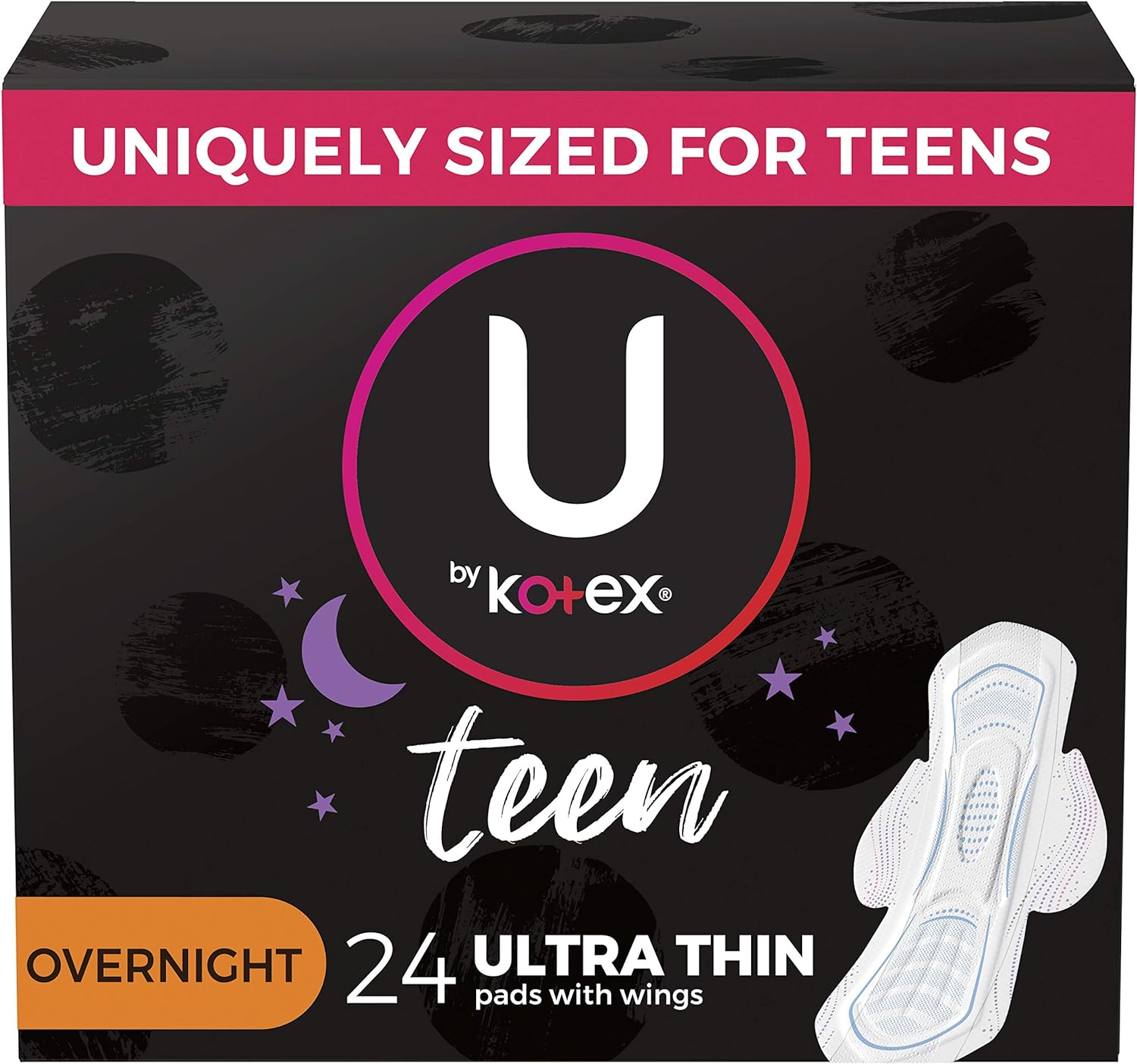 U by Kotex Teen Ultra Thin Feminine Pads with Wings, Overnight, Unscented, 24 Count (Pack of 2) : Health & Household