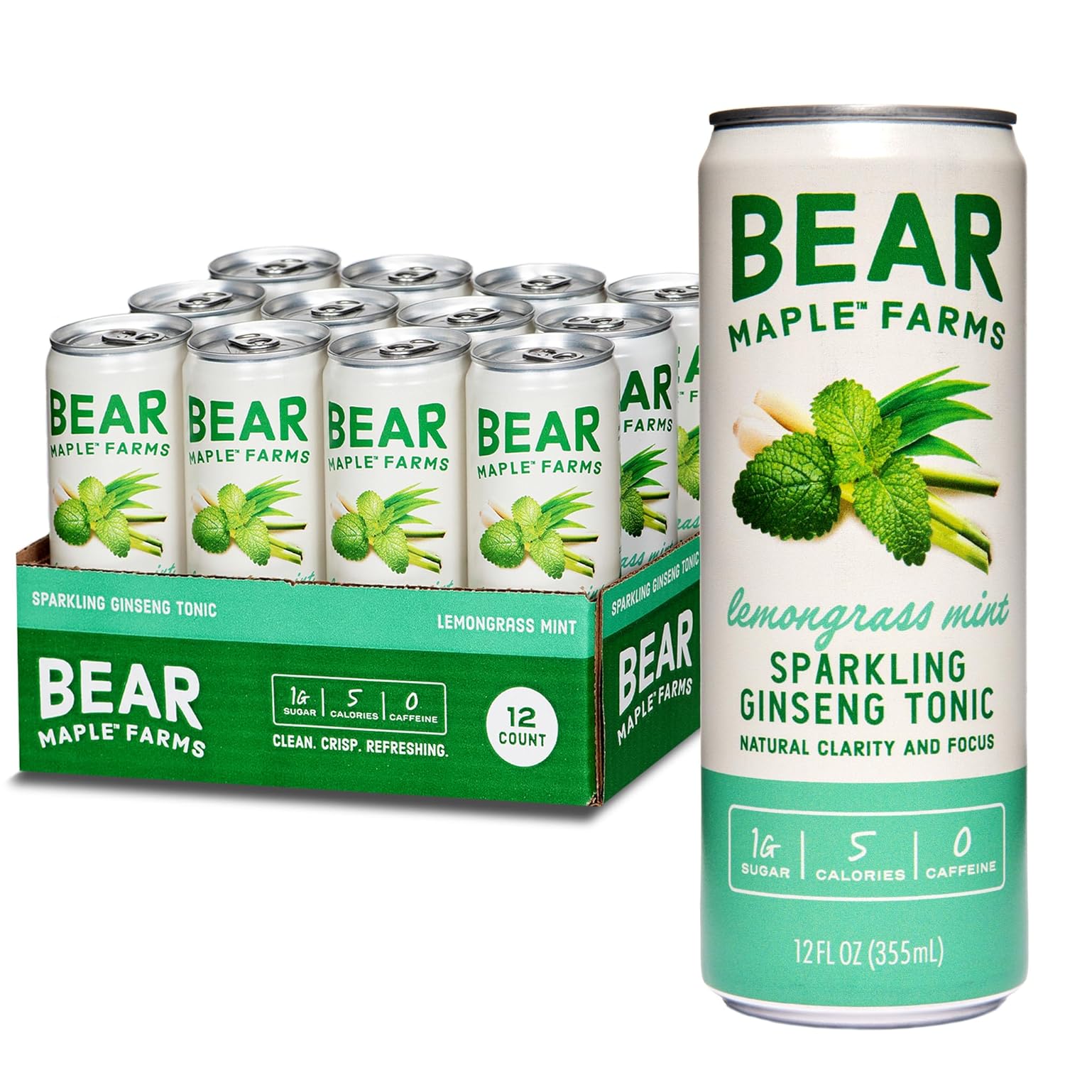 Bear Maple Farms Sparkling Ginseng Tonic, Natural Focus & Clarity From Ginseng, No Caffeine, 5-10 Calories Per Serving, Naturally Sweetened, 12Oz Can - Lemongrass Mint
