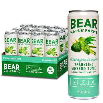 Bear Maple Farms Sparkling Ginseng Tonic, Natural Focus & Clarity From Ginseng, No Caffeine, 5-10 Calories Per Serving, Naturally Sweetened, 12Oz Can - Lemongrass Mint