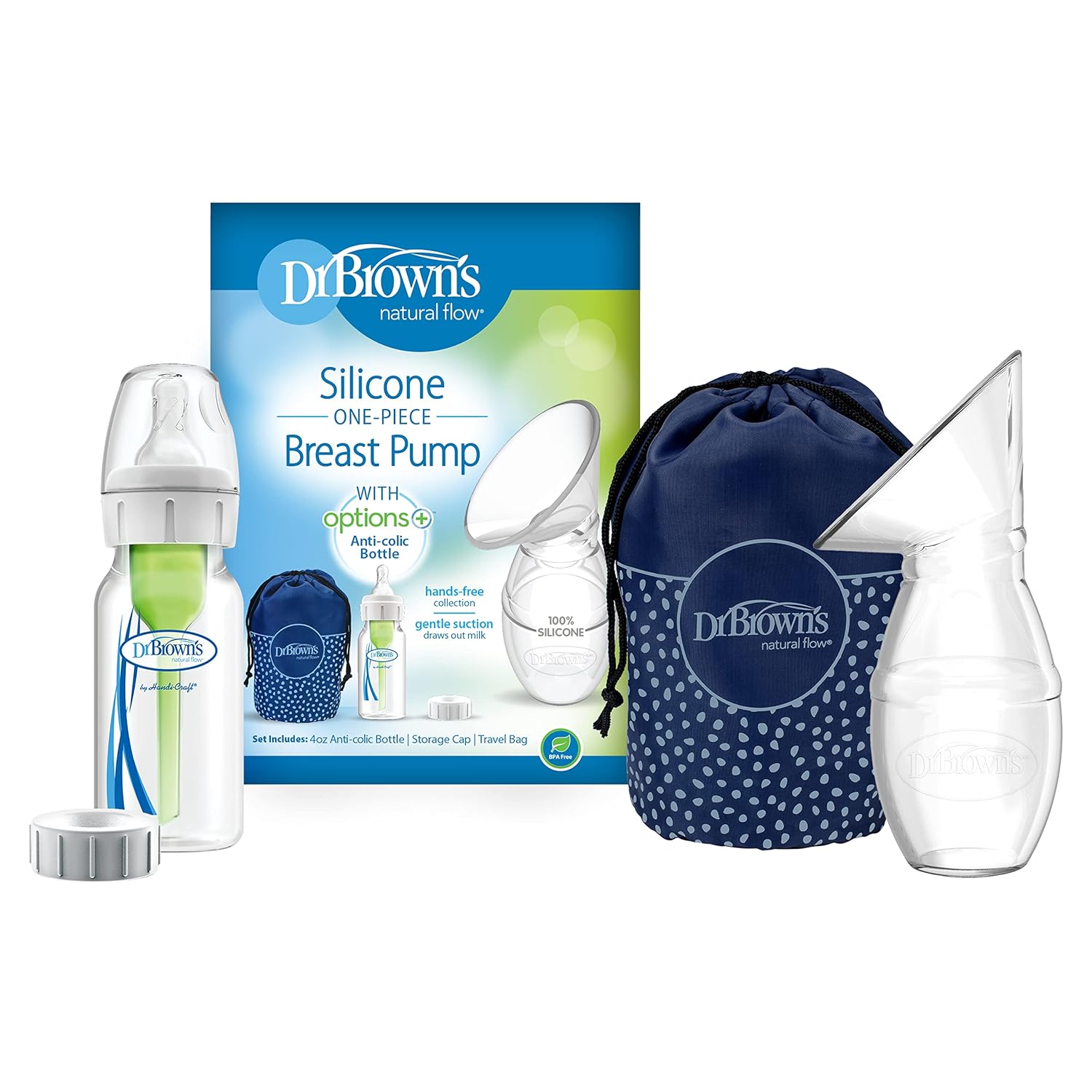 Dr. Brown'S 100% Silicone One-Piece Breast Pump,Hands-Free Breast Milk Collector With Anti-Colic Options+ Baby Bottle (4 Oz/120 Ml),Level 1 Nipple,Travel Lid And Travel Bag