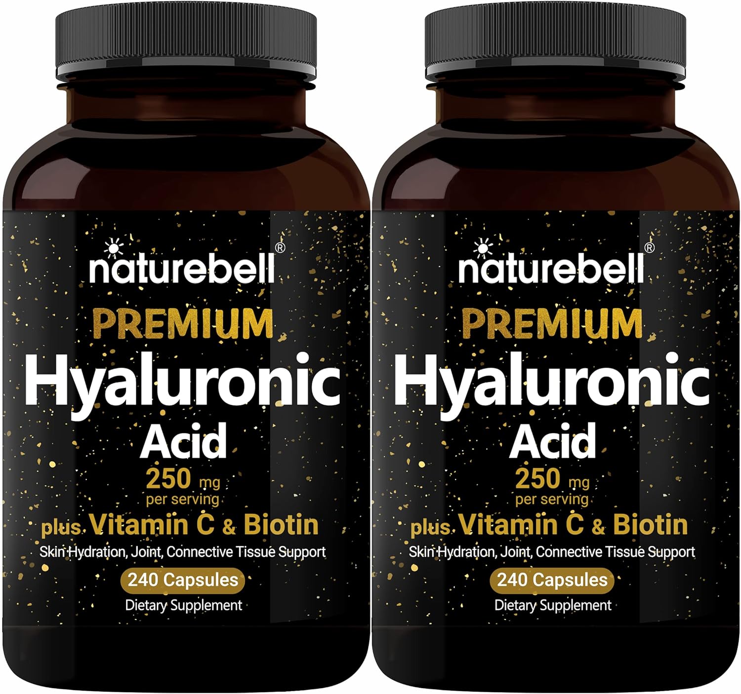 Naturebell 2 Pack Plant Based Hyaluronic Acid Supplements 250Mg With 25Mg Vitamin C & Biotin 5000Mcg, 480 Total Capsules | Essential For Hair Growth, Joint Support, & Hydrating Skin | Non-Gmo