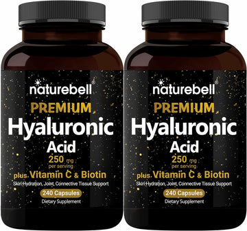 Naturebell 2 Pack Plant Based Hyaluronic Acid Supplements 250Mg With 25Mg Vitamin C & Biotin 5000Mcg, 480 Total Capsules | Essential For Hair Growth, Joint Support, & Hydrating Skin | Non-Gmo