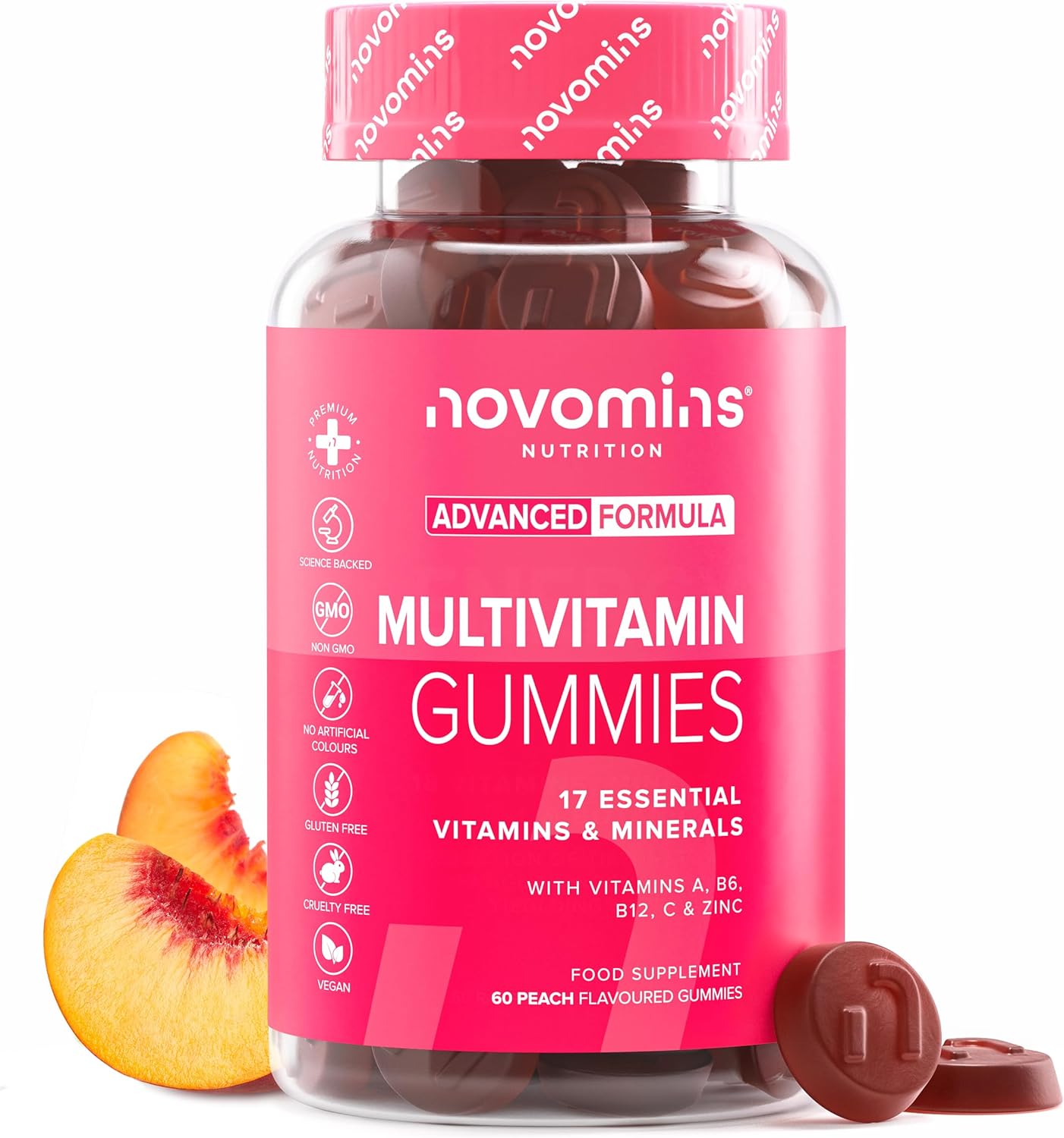 Multivitamin Gummies - With Vitamin C, A, B6, B12, Folic Acid, Zinc - 1-Month Supply - 17 Essential Minerals & Vitamins - Alternative To Multivitamin Tablets For Women & Men - 60 Gummies - Novomins