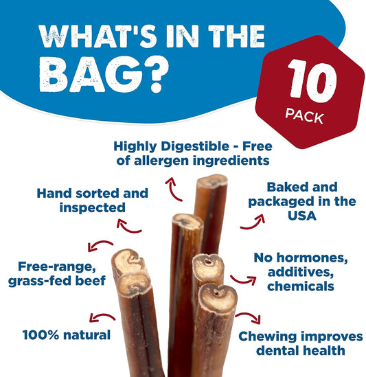 Best Bully Sticks All Natural 12 Inch Thick Bully Sticks For Large Dogs - 100% Free-Range Grass-Fed Beef - Single-Ingredient Grain & Rawhide Free Dog Chews - 10 Pack