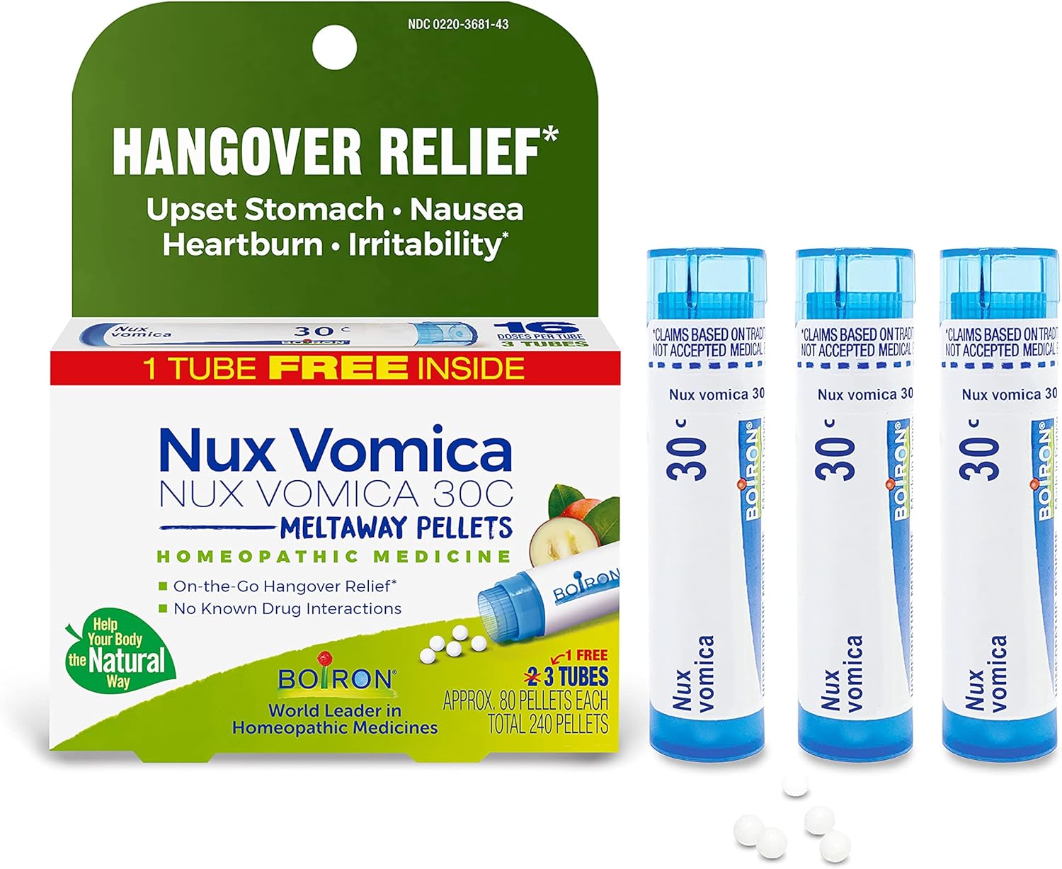 Boiron Nux Vomica 30C Homeopathic Medicine For Hangover Relief, Upset Stomach, Nausea, And Overindulgence Of Food Or Drink - 3 Count (240 Pellets)