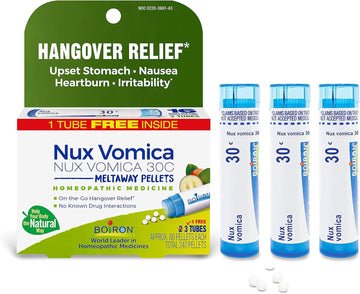 Boiron Nux Vomica 30C Homeopathic Medicine For Hangover Relief, Upset Stomach, Nausea, And Overindulgence Of Food Or Drink - 3 Count (240 Pellets)