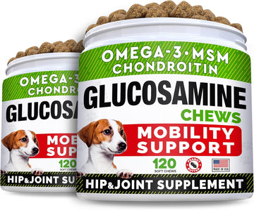 Glucosamine Treats For Dogs - Joint Supplement W/Omega-3 Fish Oil - Chondroitin, Msm - Advanced Mobility Chews - Joint Pain Relief - Hip & Joint Care - Peanut Butter Flavor - 240 Ct