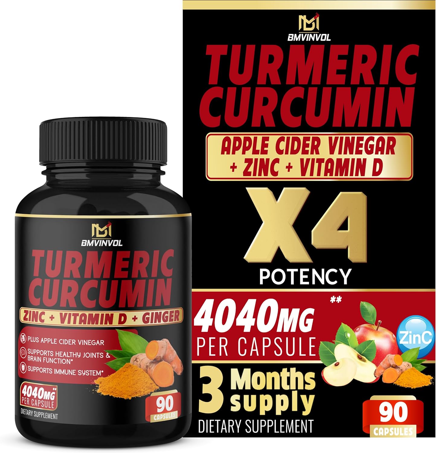 BMVINVOL Turmeric Curcumin Supplement 4040 mg - 95% Curcuminoids with Ginger, Apple Cider Vinegar, Black Pepper - Supports Joint, Antioxidant & Immune System - 3 Month Supply