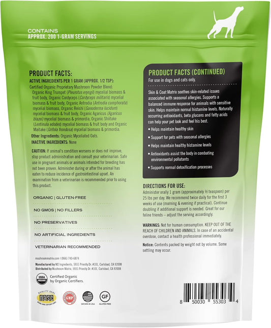 Om Mushroom Matrix Skin & Coat Mushroom Pet Supplement, Provides Seasonal Allergy Skin & Coat Support For Dogs & Cats, 200 Grams, 7.1 Oz