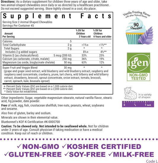 Bluebonnet Super Earth Rainforest Animalz Calcium Magnesium And Vitamin D3 Chews, Natural Vanilla Frosting, White, 90 Count