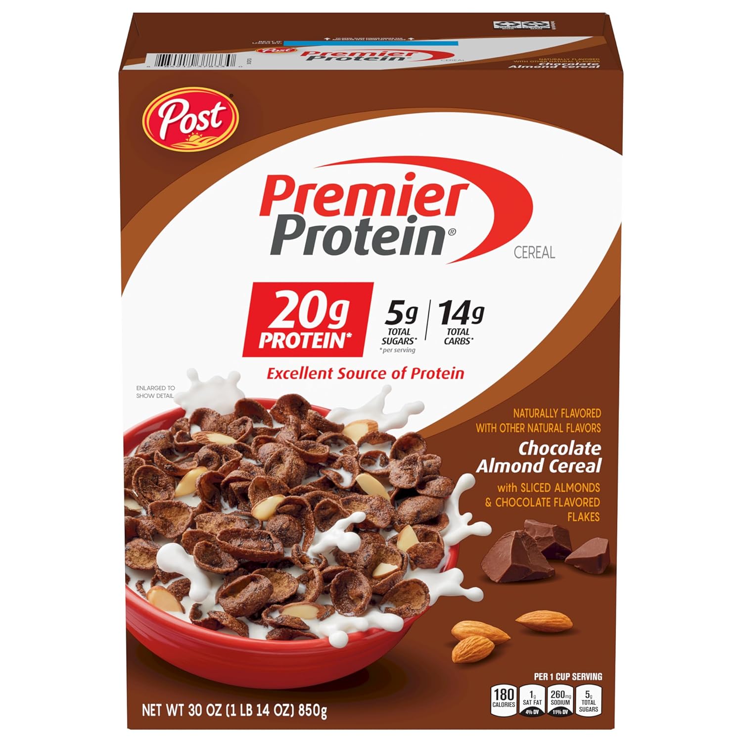 Post Premier Protein Chocolate Almond cereal, high protein-rich breakfast cereal or snack made with real almonds, 30 Ounce - 1 count