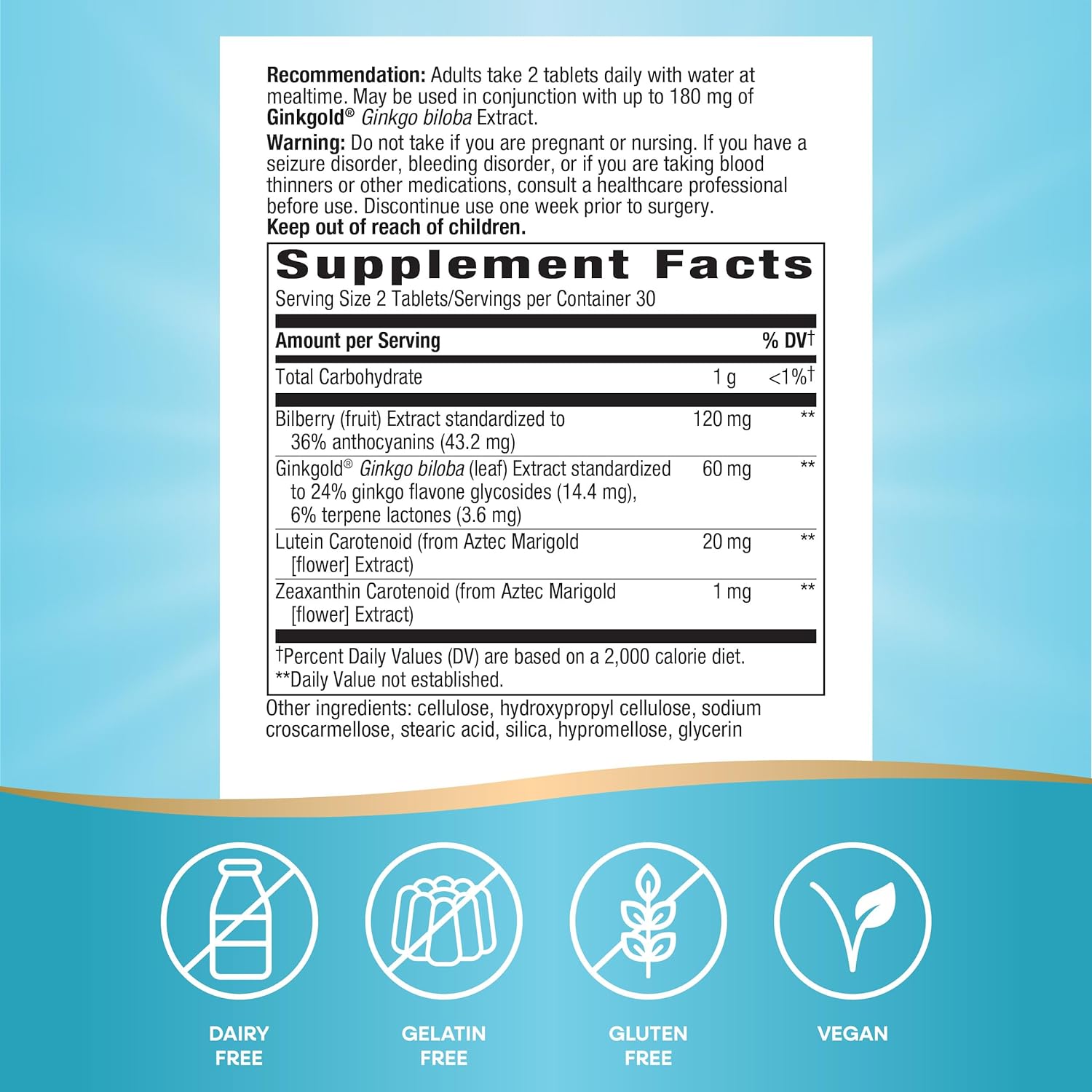 Nature's Way Ginkgold Eyes, Gingko Biloba Supplement for Adults, Supports Eye Health*, Gluten Free, 60mg Ginkgo Biloba Extract Per 2- Tablet Serving, 60 Tablets (Packaging May Vary) : Health & Household