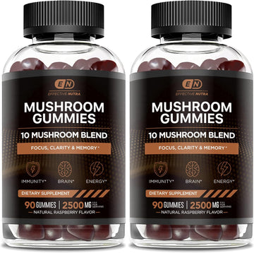 Mushroom Gummies 10 Blend - Mushroom Complex 2500mg - Mushroom Supplement for Men & Women - Brain Booster, Immune Support, Energy 90ct (2-Pack)
