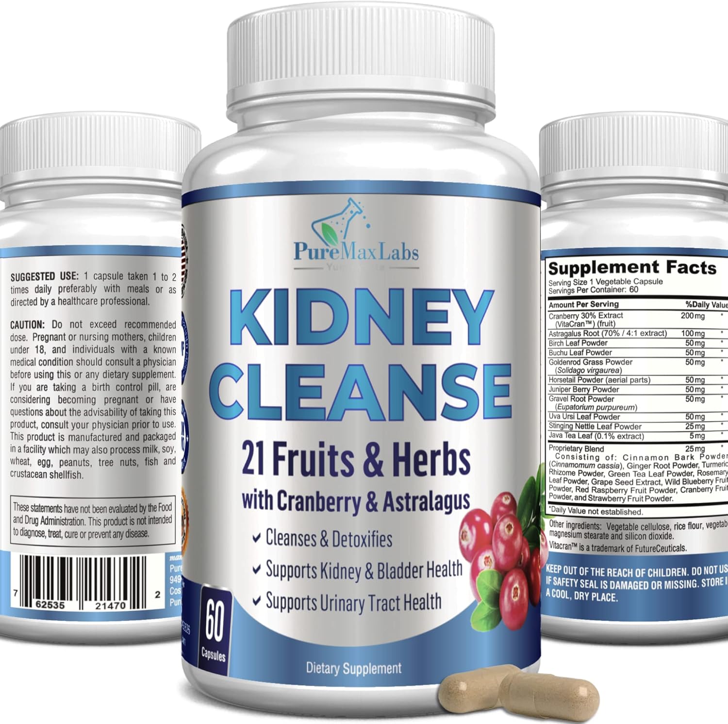 Herbal Kidney Cleanse With Cranberry Extract, Astralagus - 21 Fruits & Herbs - Detox & Cleanse Urinary Tract & Bladder Health, Kidney Support, 60 Vegan Capsules