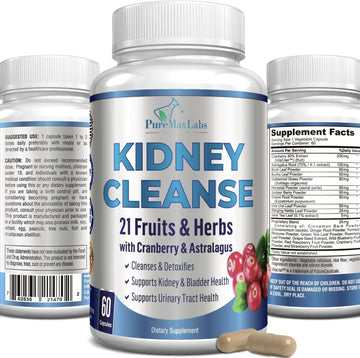 Herbal Kidney Cleanse With Cranberry Extract, Astralagus - 21 Fruits & Herbs - Detox & Cleanse Urinary Tract & Bladder Health, Kidney Support, 60 Vegan Capsules