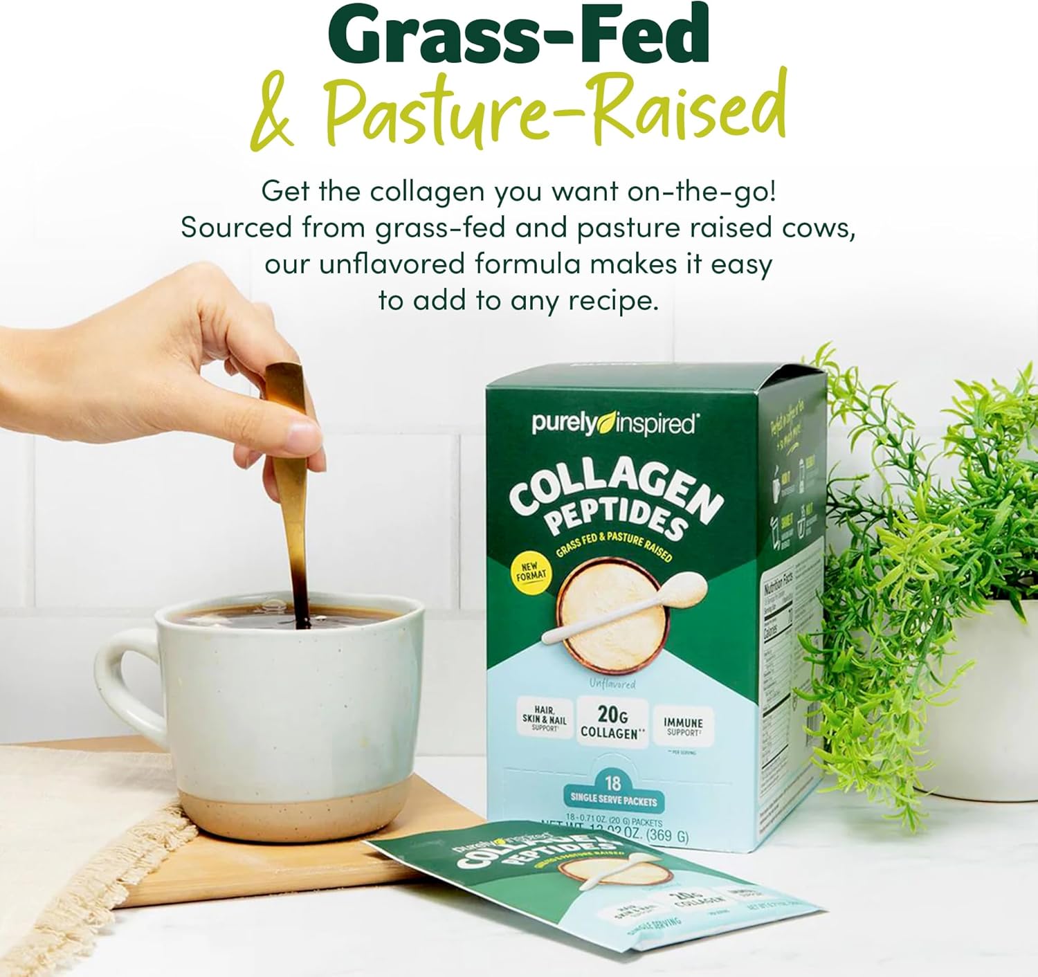 Purely Inspired Collagen Powder, 18 Single Serve Packets, Unflavored - 20g Collagen Peptides Protein Powder for Women & Men - Grass-Fed & Pasture Raised - Gluten-Free, Paleo & Keto-Friendly : Health & Household