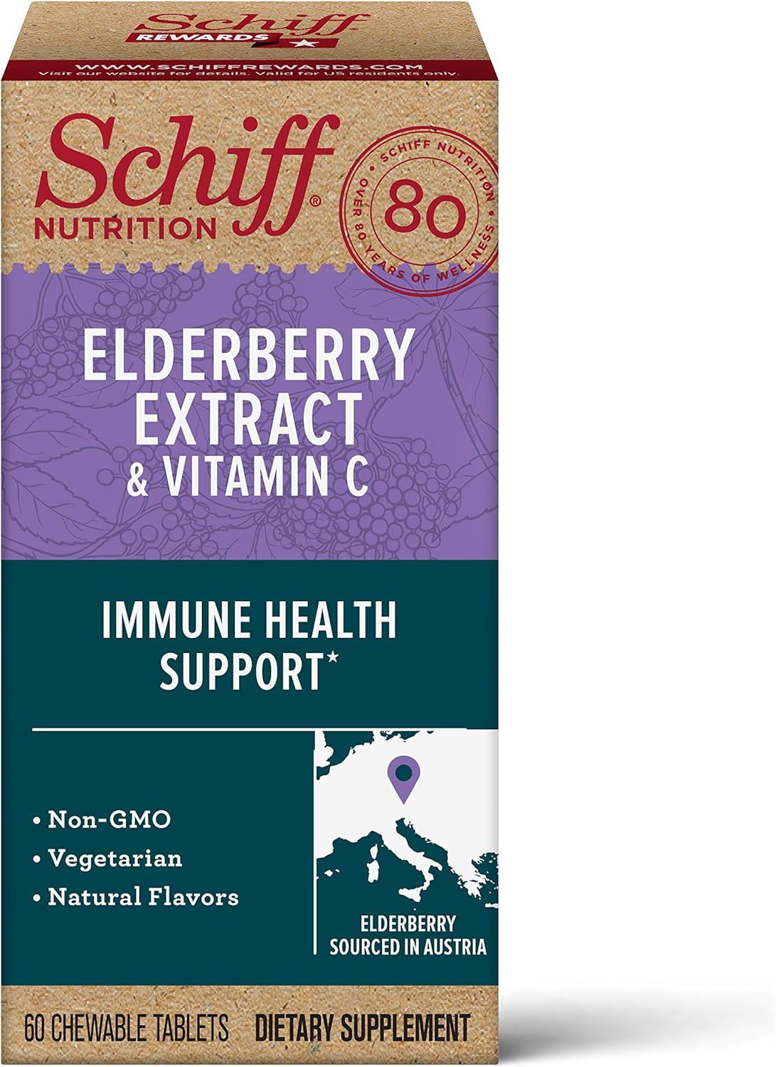 Elderberry Extract & Vitamin C Chewable Tablets, Schiff (60 count in a bottle), Vegetarian, Non-GMO, Natural avors, Helps Support A Healthy Immune System & Cellular Health?, Sambucus, Antioxidant