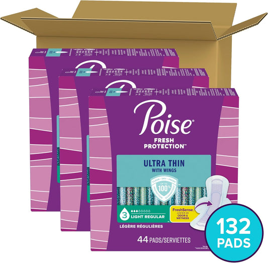 Poise Ultra Thin Incontinence Pads With Wings & Postpartum Incontinence Pads, 3 Drop Light Absorbency, Regular Length, 132 Count (3 Packs Of 44), Packaging May Vary