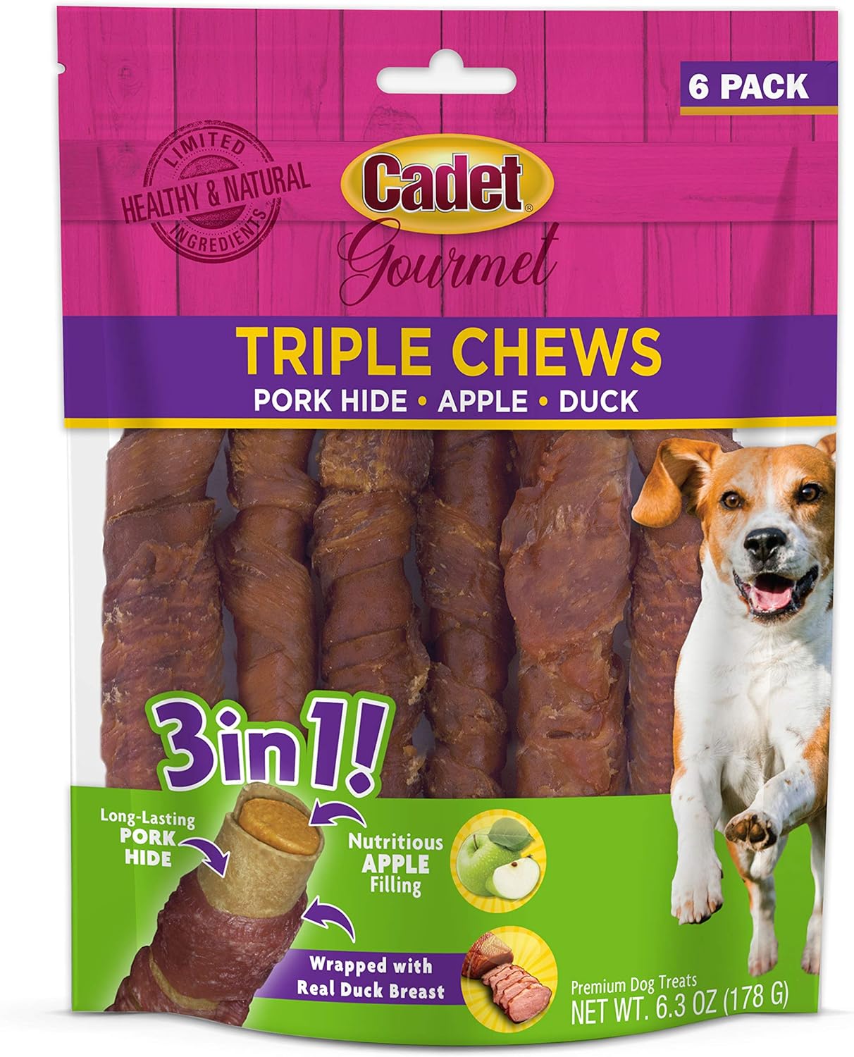 Cadet Gourmet Triple Chews Pork Hide, Apple, & Duck Dog Treats - Healthy Dog Treats For Small & Large Dogs - Inspected & Tested In Usa (6 Count)