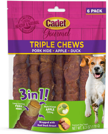 Cadet Gourmet Triple Chews Pork Hide, Apple, & Duck Dog Treats - Healthy Dog Treats For Small & Large Dogs - Inspected & Tested In Usa (6 Count)