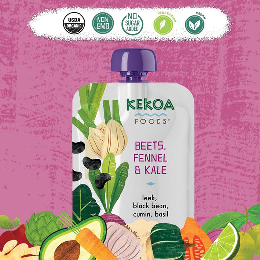 Kekoa Foods Beets, Fennel & Kale Baby Food Purée | 100% Usda Certified-Organic, No Sugar Added | Organic, Non-Gmo, Gluten-Free, Vegan | Nutrient-Rich Blend With Leeks & Black Beans | 3.5 Oz Squeeze Pouch