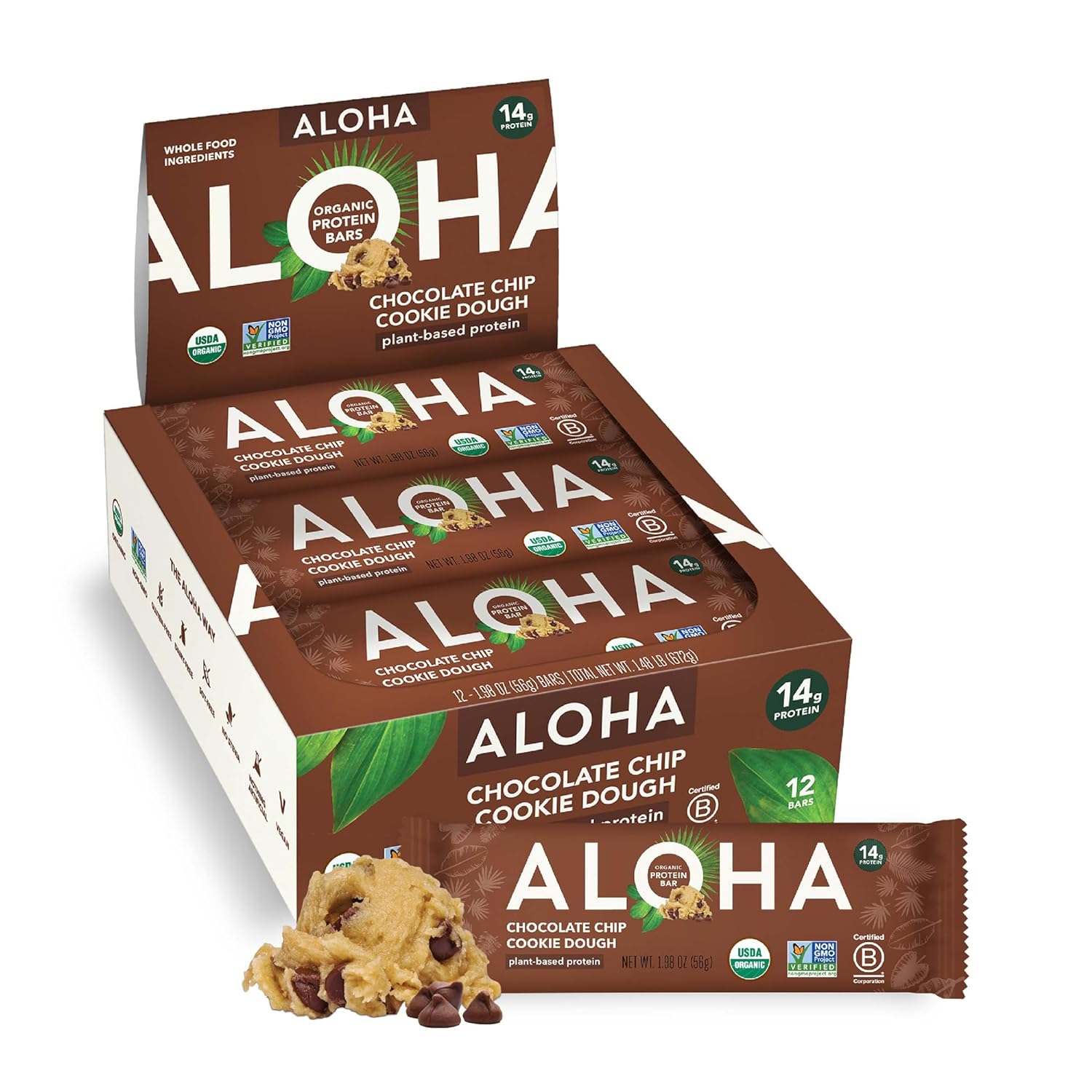 Aloha Organic Plant Based Protein Bars - Chocolate Chip Cookie Dough - 12 Count, 1.9Oz Bars - Vegan Snacks, Low Sugar, Gluten-Free, Low Carb, Paleo, Non-Gmo, Stevia-Free, No Sugar Alcohols