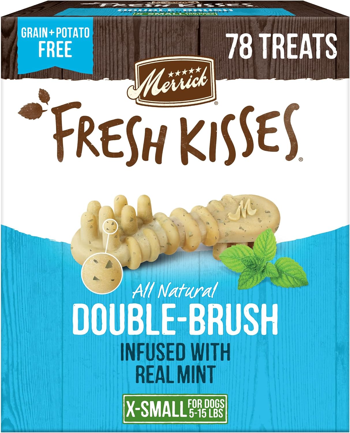Merrick Fresh Kisses Natural Dental Chews Toothbrush Treat Shape Infused With Real Mint For Tiny Dogs 5-15 Lbs - 78 ct. Box