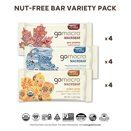 Gomacro Macrobar Organic Vegan Protein Bars - Nut-Free Variety Pack (2.3 Ounce Bars, 12 Count)