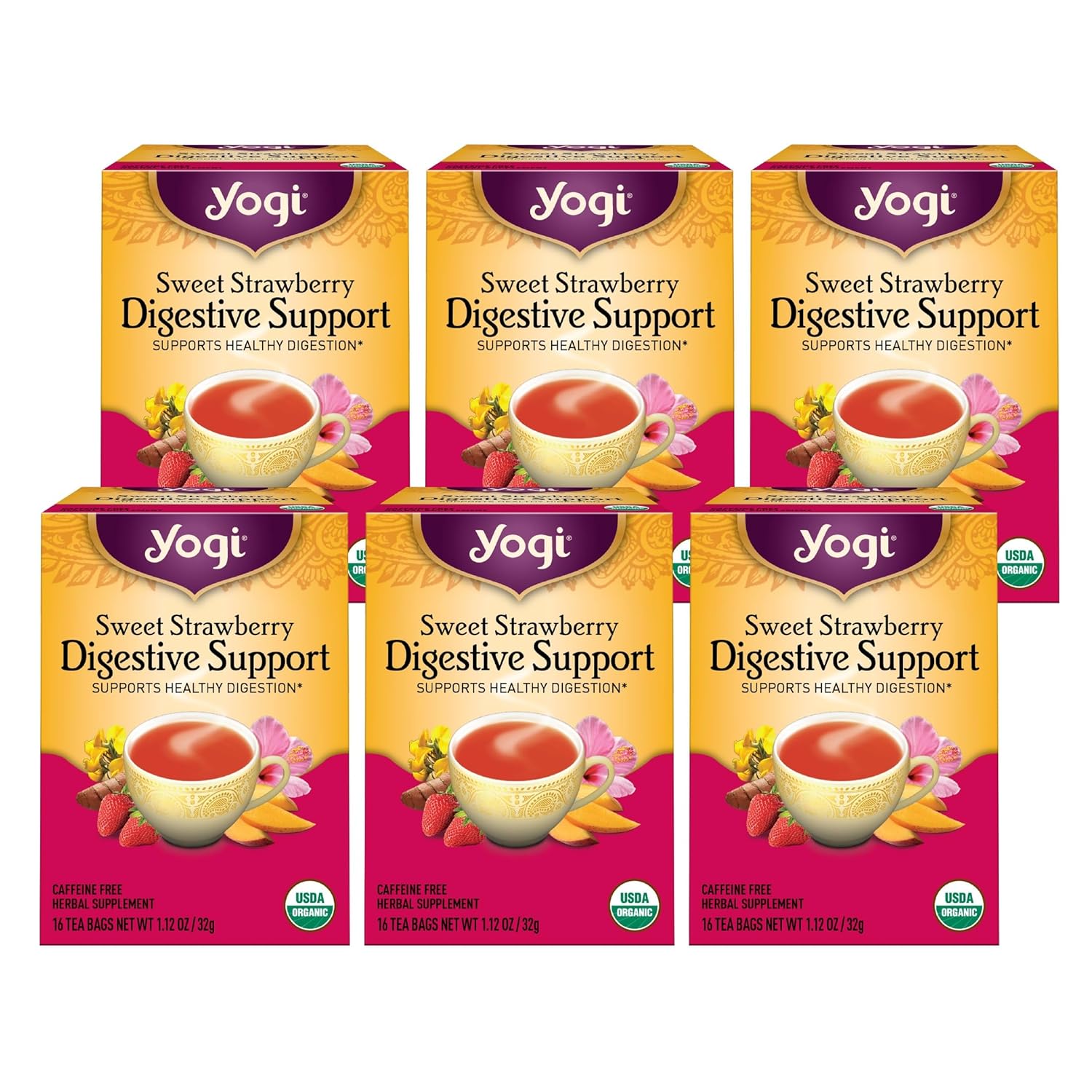 Yogi Tea Sweet Strawberry Digestive Support - 16 Tea Bags Per Pack (6 Pack) - Organic Turmeric Tea Bags - Digestive Support Tea - Includes Turmeric Root, Black Pepper, Strawberry, Mango & More