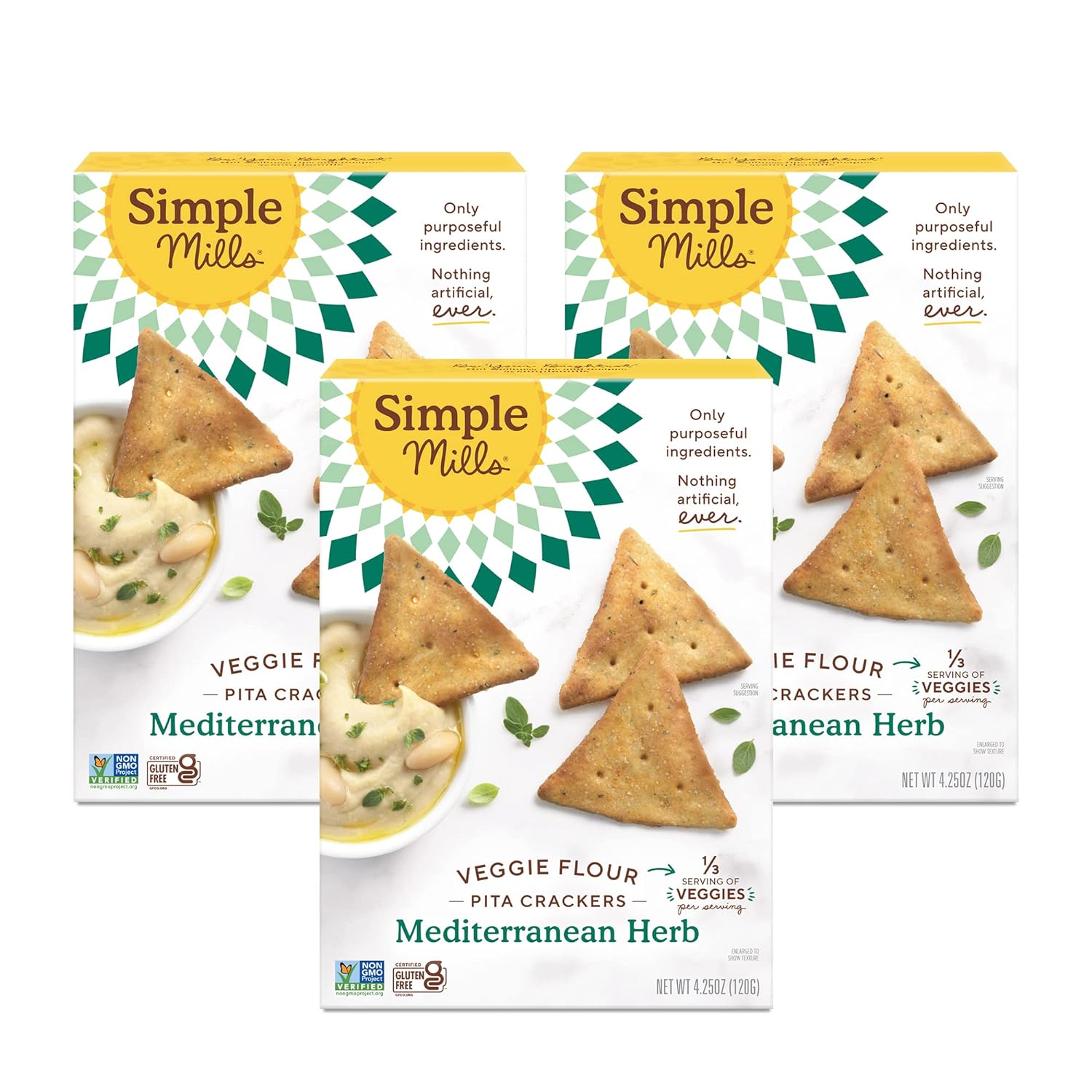 Simple Mills Veggie Pita Crackers, Mediterranean Herb - Gluten Free, Vegan, Healthy Snacks, Paleo Friendly, 4.25 Ounce (Pack of 3)