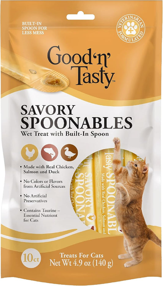 Good 'N' Tasty Savory Spoonables With Real Chicken, Salmon And Duck For Cats, 10 Count, Treat Your Cat To Triple Flavor Squeezable Lickable Wet Treats With Built-In Spoon For Less Mess