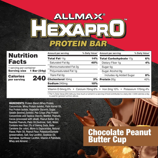 Allmax Hexapro Protein Bar, Chocolate Peanut Butter Cup - Pack Of 12 - High-Protein Energy Snack - 20 G Of Protein Per Bar - With Whey Protein Isolate