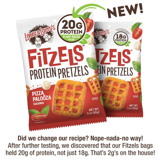 Lenny & Larry'S Pizza Palooza Fitzels- Savory Pretzel Snacks Incredibly Tasty High Protein, Salty, Vegan, Kosher 20 G'S Of Plant Based Protein 8 (Eight) Bags, 3 Oz Each