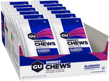 Gu Energy Chews, Blueberry Pomegranate Energy Gummies With Electrolytes, Vegan, Gluten-Free, Kosher, And Dairy-Free On-The-Go Energy For Any Workout, 12 Bags (24 Servings Total)