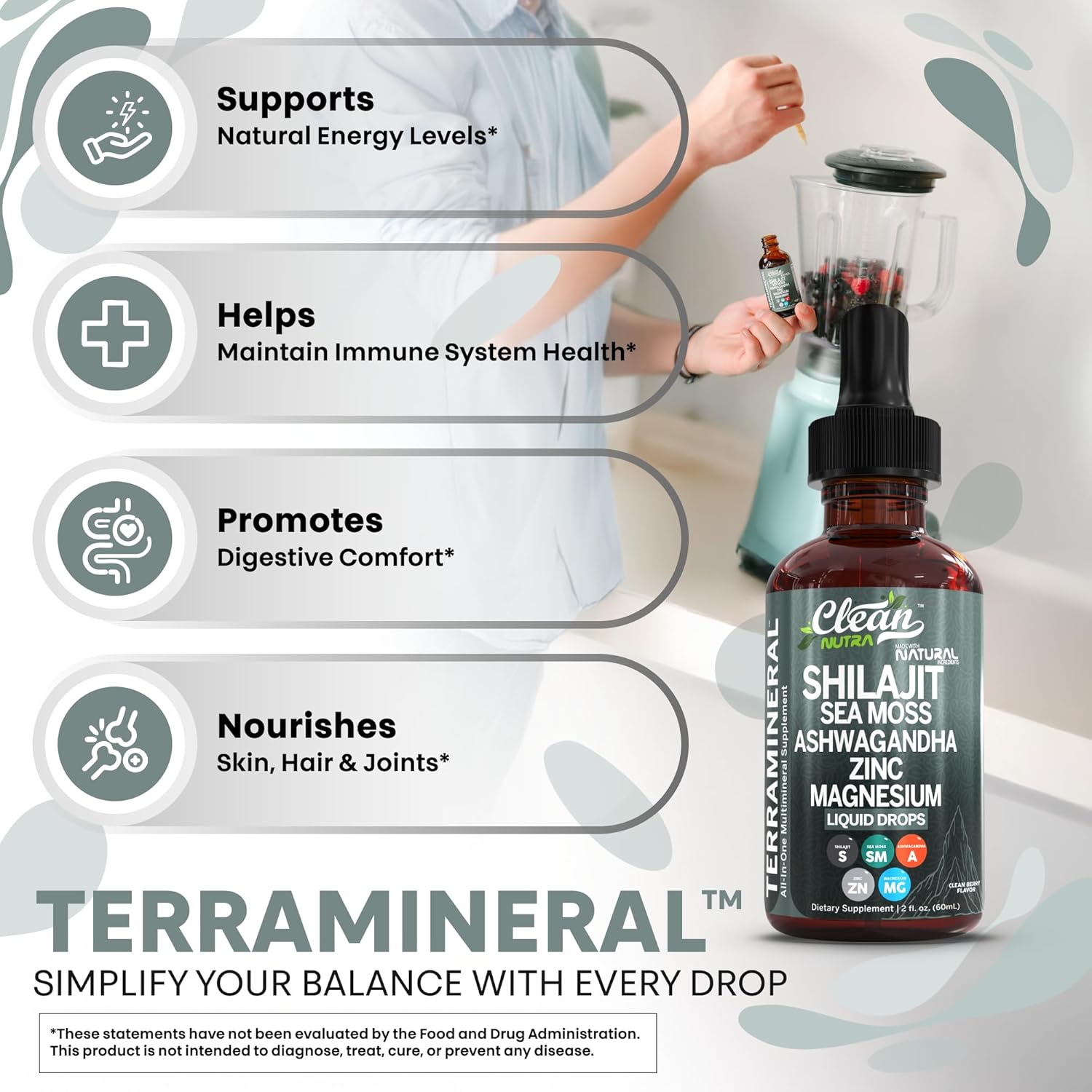 Clean Nutraceuticals Shilajit Liquid Drops With Sea Moss, Ashwagandha, Zinc, Magnesium, Liquid Vitamins For Women And Men - Terra Mineral : Health & Household