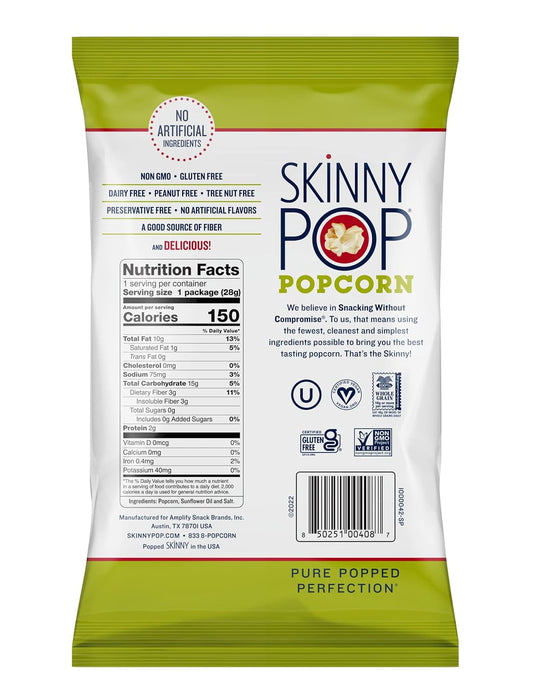 Skinnypop Popcorn, Gluten Free, Dairy Free, Non-Gmo, Healthy Snacks, Skinny Pop Original Popcorn, 1Oz Individual Size Snack Bags (12 Count)