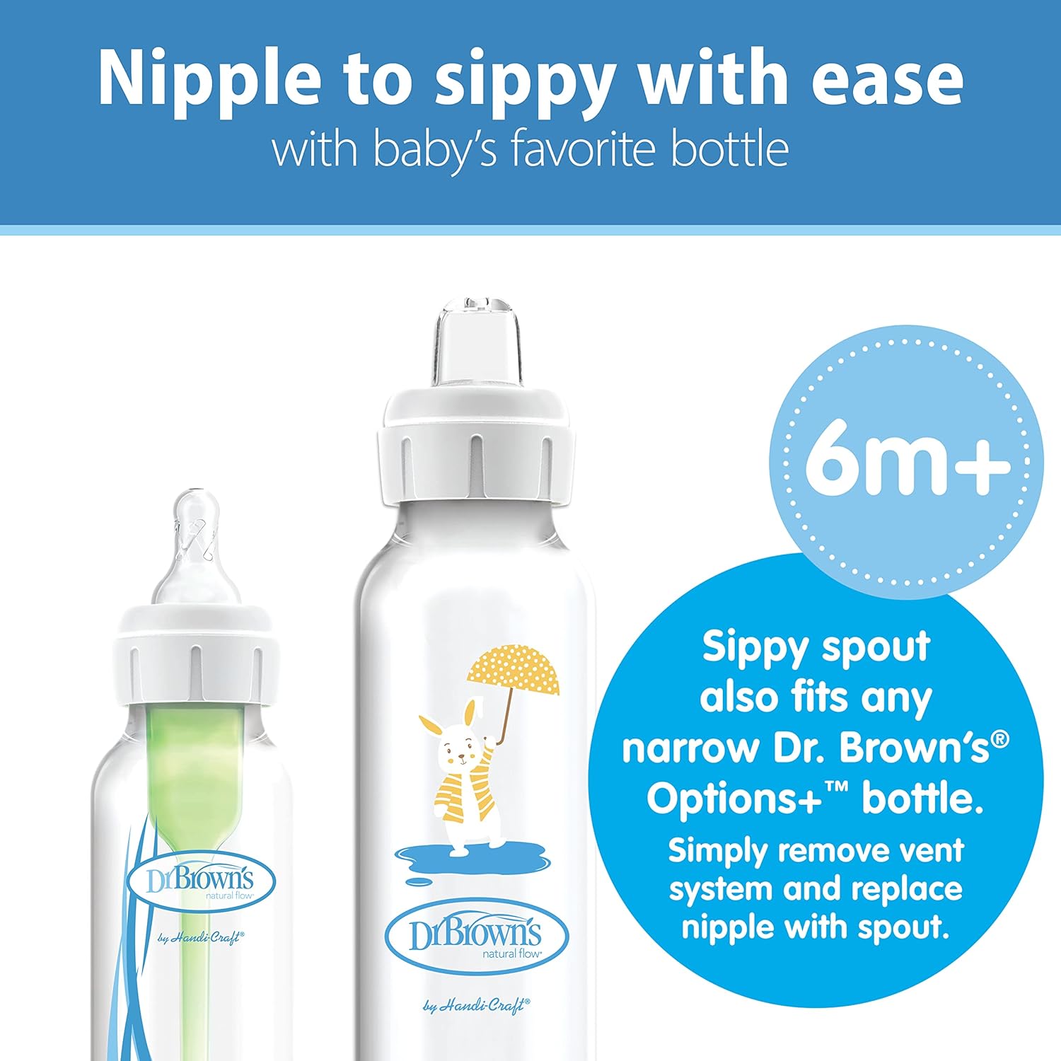 Dr. Brown's Milestones Narrow Sippy Bottle, 100% Silicone Soft Sippy Spout, 8oz/250mL, Flamingo & Bunny, 6m+ : Baby