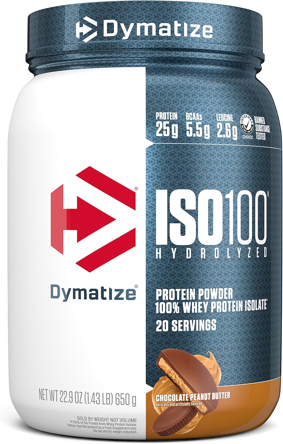 Dymatize Iso100 Whey Protein Powder Isolate, Chocolate Peanut Butter, 25G Of Protein, 20 Servings, 5.5G Bcaas, Less Than 120 Cal., Gluten Free, 1G Fat, 1G Sugar, 2G Carb