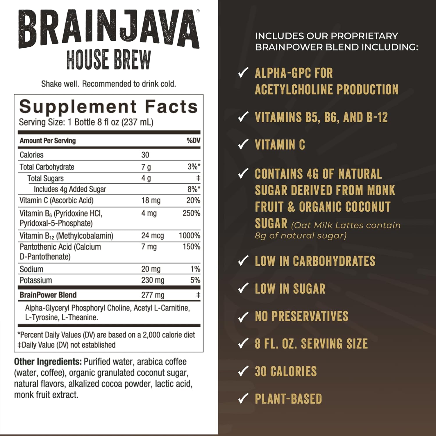 Brainjava House Brew Ready To Drink Coffee, 4 Pack, Black Fair Trade Arabica Coffee With 150Mg Caffeine, L-Theanine, Potassium, B Vitamins, For Focus, Clarity, Gluten Free, Vegan, 8 Fl Oz Bottles