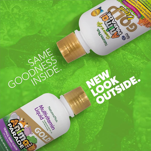 Natures Plus Animal Parade Gold Children'S Liquid Multivitamin - 16 Fl Oz, Pack Of 2 - Natural Tropical Berry Flavor - Gluten Free, Vegan - 64 Total Servings