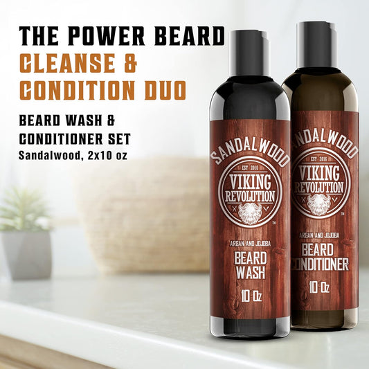 Viking Revolution - Beard Shampoo And Conditioner - Natural Beard Wash & Beard Conditioner With Argan & Jojoba Oils - Softens & Strengthens - Gifts For Men - Sandalwood - 2 X 300 Ml