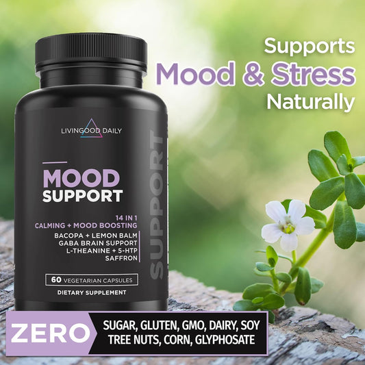 Livingood Daily Mood Support Supplement, 60 Vegetarian Capsules - Bacopa, Lemon Balm, Gaba, Saffron, & 5Htp Pills Support Brain Function & Emotional Wellness - Non-Gmo & Vegan 5-Htp Supplements