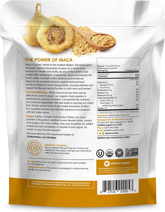 Zint Organic Maca Powder: Gelatinized, Non GMO, Yellow Maca Root - Adaptogen Energy-Boosting Superfood for Smoothies (16 Ounce)