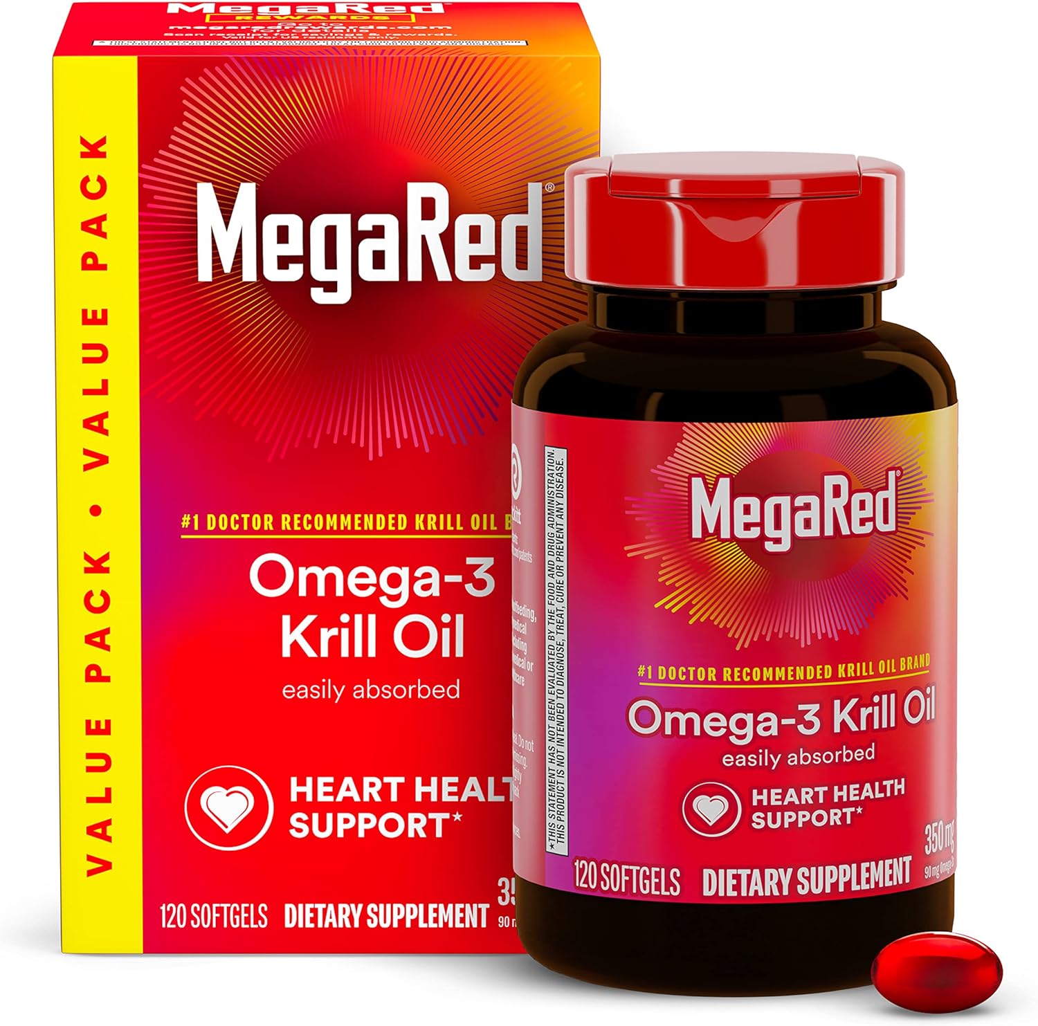 MegaRed Krill Oil 350mg Omega 3 Supplement with EPA, DHA, Astaxanthin & Phospholipids, Supports Heart, Brain, Joint and Eye Health, No Fish Oil Aftertaste - 120 Softgels (120 Servings) (1)