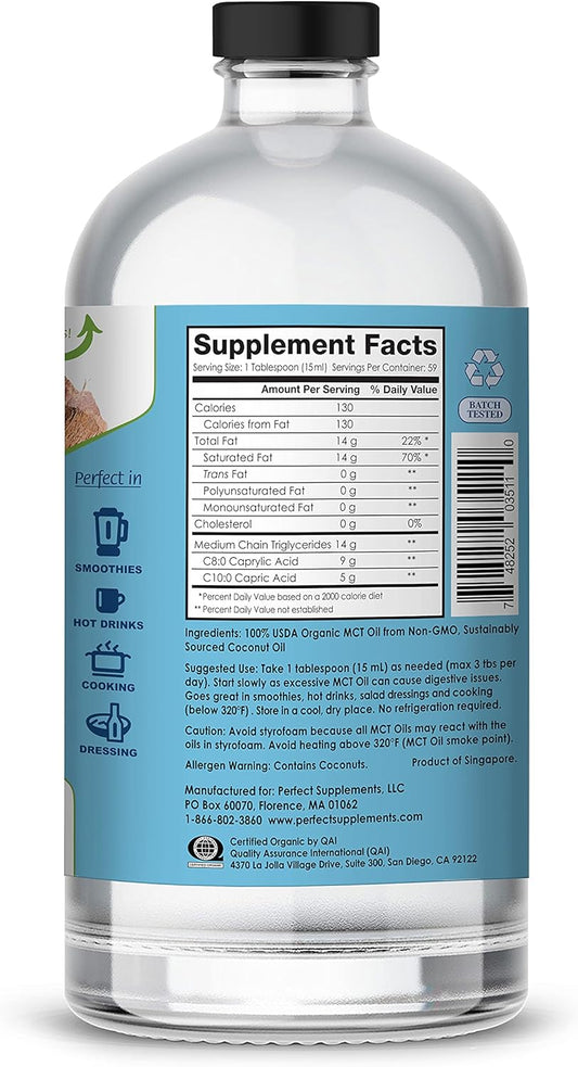 Perfect Supplements ? Perfect MCT Oil ? 30oz ? Organic Coconut MCTs Unflavored Oil ? Boosts Sustainable Energy for Body & Brain
