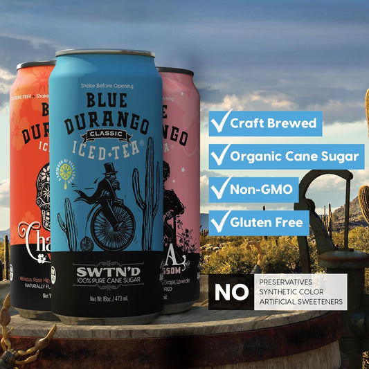 Blue Durango Iced Tea, Variety Pack - Organic Cane Sugar - Non-Gmo, No Artificial Sweeteners, Gluten-Free - Low Sugar - All Natural Ingredients - Black Tea, Lemon & More - 16 Oz Cans (12 Pack)
