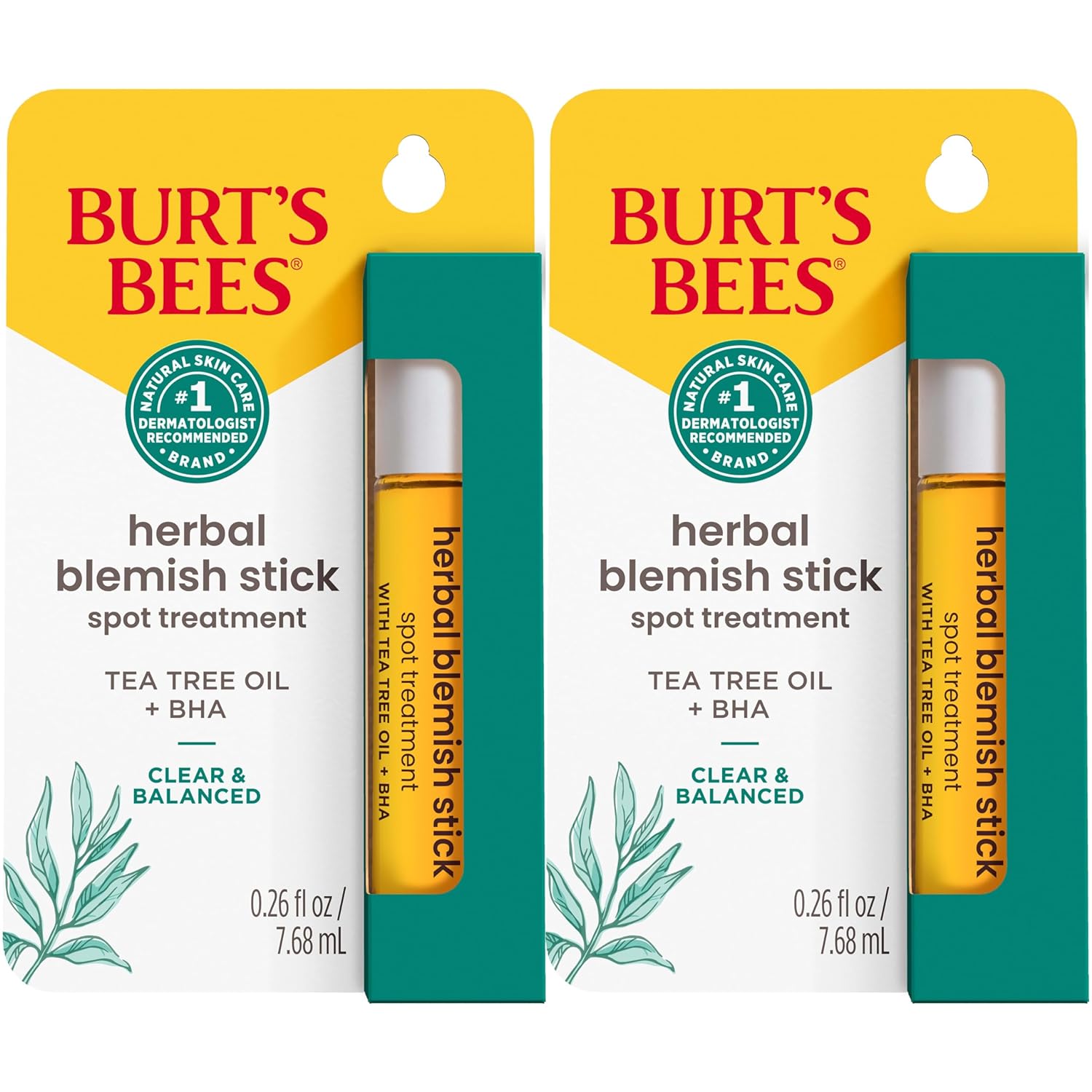 Burt’s Bees Clear and Balanced Herbal Blemish Stick, Mothers Day Gifts for Mom, with Tea Tree Oil, On-the-Go Blemish Care, Unclogs Pores, Use with Skincare Products, 2-Pack, 0.26 fl. oz