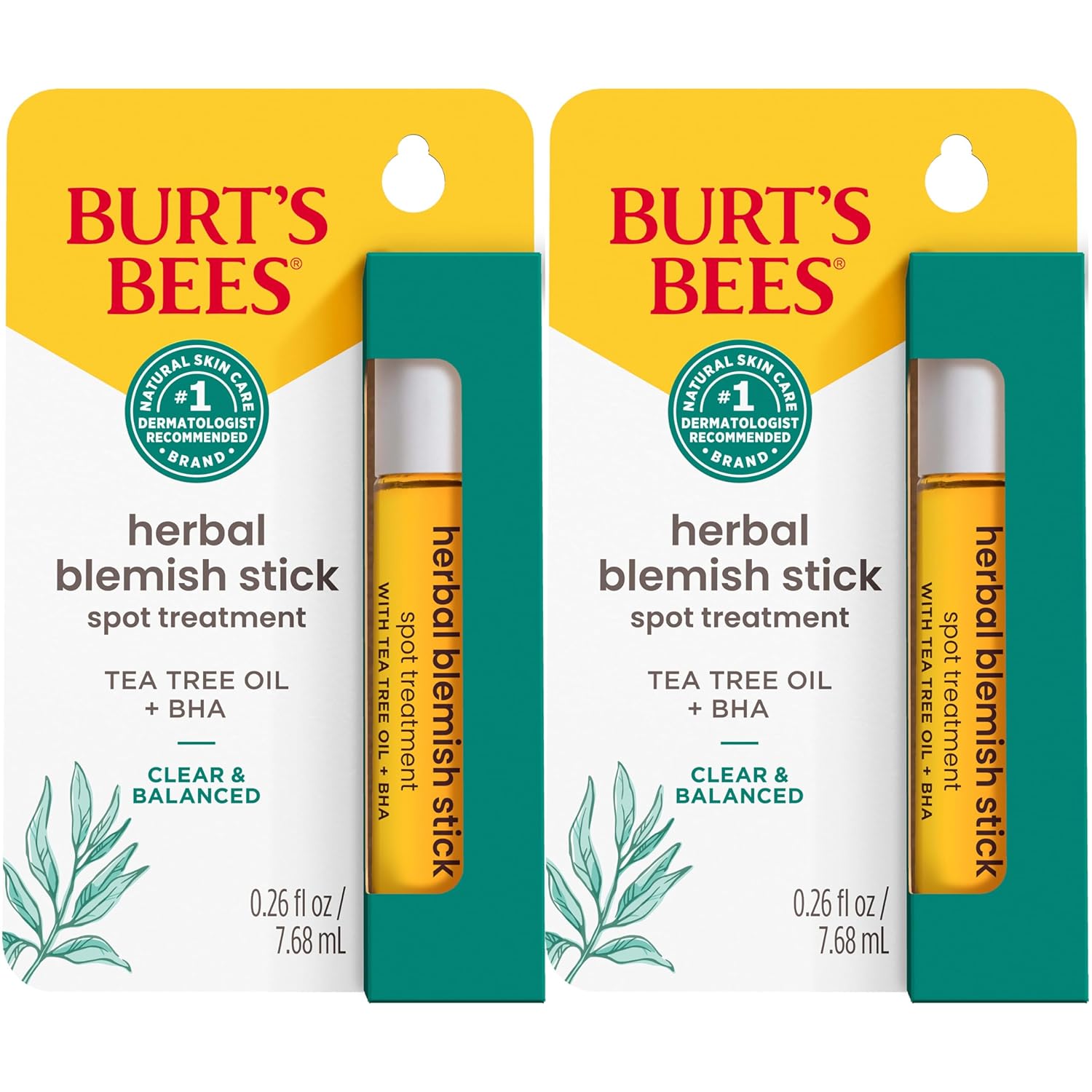 Burt’S Bees Clear And Balanced Herbal Blemish Stick, With Tea Tree Oil, On-The-Go Blemish Care, College Back To School Dorm Essentials, Unclogs Pores, Use With Skincare Products, 2-Pack, 0.26 Fl. Oz