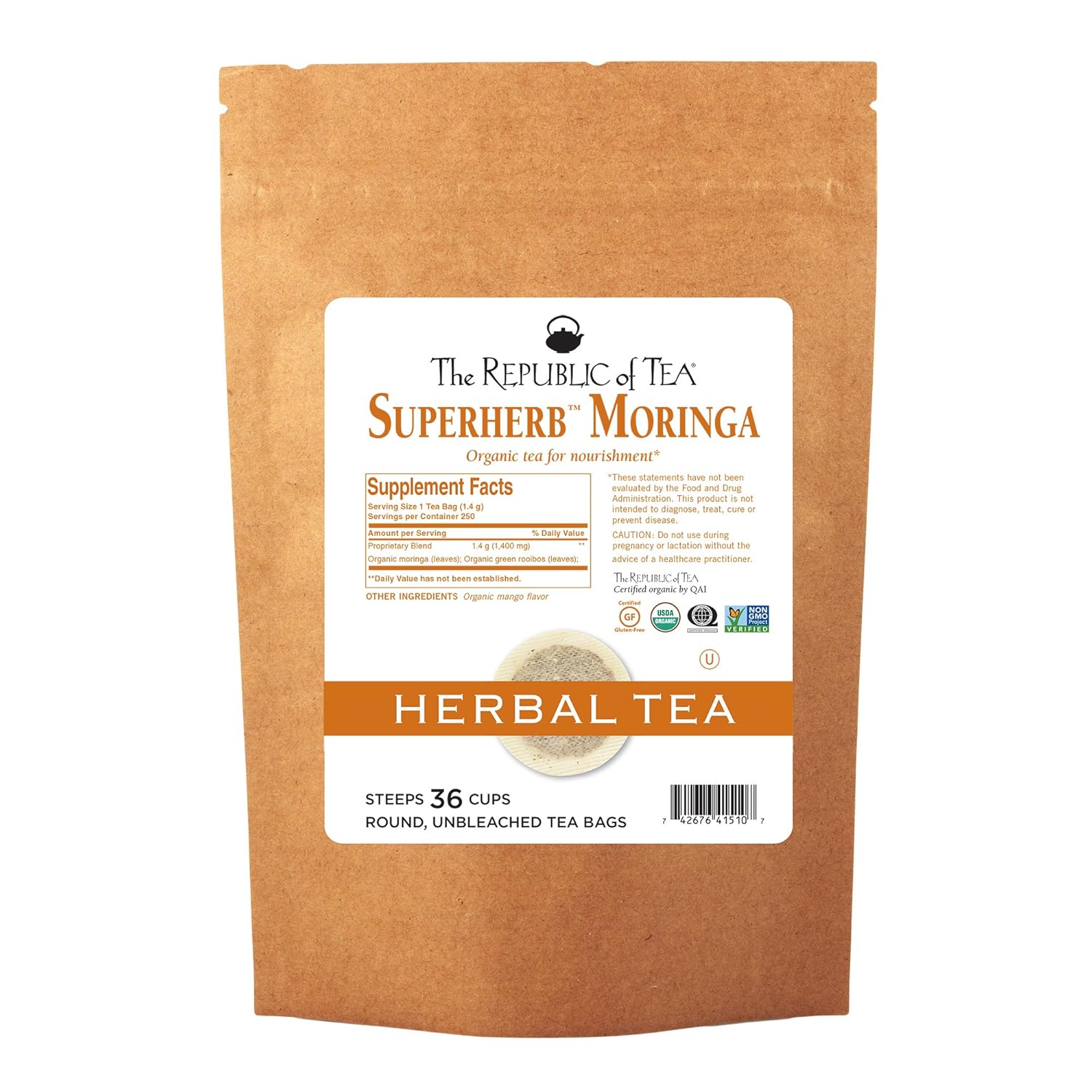 The Republic Of Tea Organic Moringa Superherb Herbal Tea, Refill Pack Of 36 Tea Bags